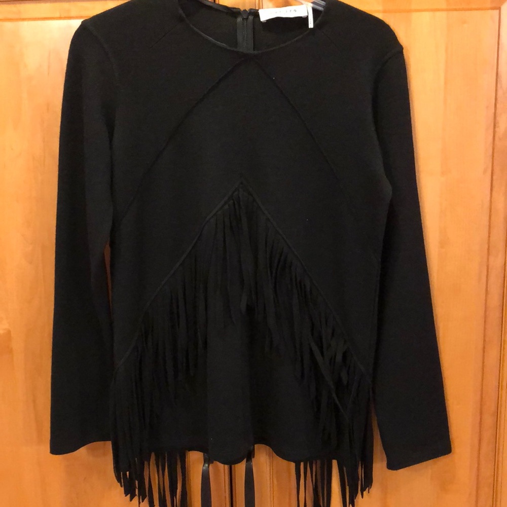 Sandro Black Long Sleeve Back Zipper Fringed Top size XS